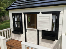 Load image into Gallery viewer, Close up of the Kids Outdoor Playhouse Blackbird, Dutch Door and Black Window Frames, Flower Boxes by WholeWoodPlayhouses