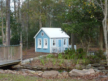 Load image into Gallery viewer, Blue and White Kids Outdoor Playhouse, White Ŕoof, Wooden Terrace, White Railing, On The BackYard by WholeWoodPlayhouses