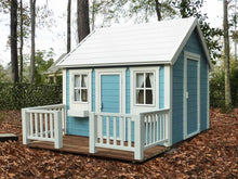 Load image into Gallery viewer, Blue Outdoor Playhouse Bluebird with White Roof, Wooden Terrace and White Wooden Railing by WholeWoodPlayhouses
