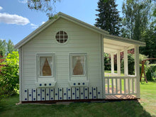 Load image into Gallery viewer, Close up of the left side windows and the round top window of White and blue Kids Playhouse Countryside by WholeWoodPlayhouses