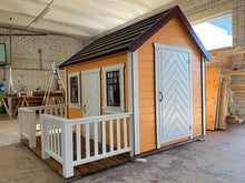 Load image into Gallery viewer, Orange Outdoor Kids Playhouse Papaya with  an adult-size door and a porch  with white railings by WholeWoodPlayhouses  
