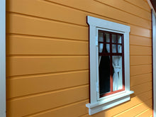 Load image into Gallery viewer, Kids Outdoor Playhouse Closeup of side window with brown trims by WholeWoodPlayhouses
