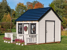 Load image into Gallery viewer, Decorated with flights and flowers Kids Outdoor Playhouse Blackbird with wooden terrace and white wooden railing on green lawn by WholeWoodPlayhouses