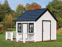 Load image into Gallery viewer, Wooden Outdoor Playhouse Blackbird with two white doors and black trims in the backyard by WholeWoodPlayhouses