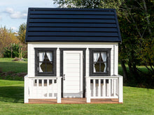 Load image into Gallery viewer,  Kids Wooden Playhouse Blackbird from Front with  Black metal roof and black Flower boxes and wooden terrace by WholeWoodPlayhouses