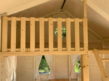 Load image into Gallery viewer, Inside of a outdoor playhouse Countryside with a wooden loft , a round top window and ladder to loft by WholeWoodPlayhouses