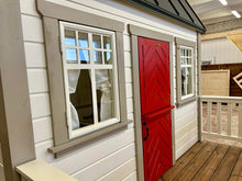 Load image into Gallery viewer, Kids OutDoor Playhouse Farmhouse, Facade Close-Up, Two Opening Windows and Fishbone Style Dutch Doors by WholewoodPlayhouses