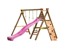 Load image into Gallery viewer, Kids outdoor playset Bosse with a slide, climbing wall and two swings on white background by WholeWoodPlayhouses
