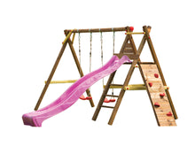 Load image into Gallery viewer, Kids outdoor playset Bosse with a slide, climbing wall and two swings on white background by WholeWoodPlayhouses