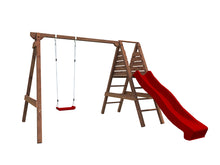 Load image into Gallery viewer, Outdoor Swing Set Sofia With Swing And Red Slide On White BackGround by WholeWoodPlayhouses
