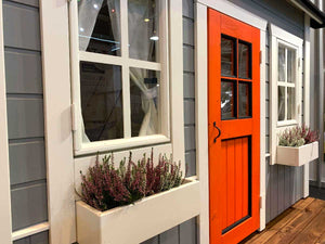 Close Up Of The Front Door, Glass Windows And Flower Boxes Of Kids Playhouse Boy Cave by WholeWoodPlayhouses