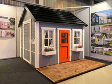 Load image into Gallery viewer, Kids Outdoor Wooden Playhouse Kids Cave With Black Metal Roof, Grey Walls and Red Half Glass Door By WholeWoodPlayhouses