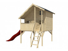 Load image into Gallery viewer, Front outside view of assembled wooden kids playhouse DIY Kit Little Fun Clubhouse on legs with a terrace, stairs and a red slideon white background | outdoor playhouse DIY kit by WholeWoodPlayhouses