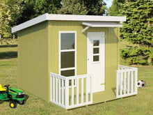 Load image into Gallery viewer, Outside Assembled Wooden Green Color Kids Outdoor Playhouse DIY Kit Little Cabin by WholeWoodPlayhouses