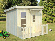Load image into Gallery viewer, Outside of assembled Natural Color wooden kids playhouse DIY Kit Little Cabin Outdoor Playhouse DIY kit by WholeWoodPlayhouses