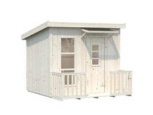 Load image into Gallery viewer, Outside of assembled wooden kids playhouse DIY Kit Little Cabin on white background outdoor playhouse DIY kit by WholeWoodPlayhouses
