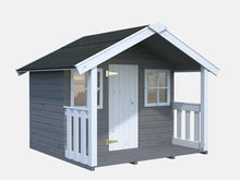Load image into Gallery viewer, White and gray Wooden Kids Playhouse DIY Kit Little Hideaway Outdoor Playhouse with two windows and porch  By WholeWoodPlayhouses