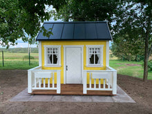 Load image into Gallery viewer, Front outside view of yellow Outdoor Kids Playhouse Sunshine with black roof by WholeWoodPlayhouses