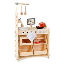 Load image into Gallery viewer, Wooden play kitchen set with toy utensils and accessories on a white background
