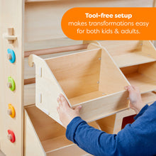 Load image into Gallery viewer, Wooden toy structure with colorful knobs, being assembled by a person, with text about tool-free setup.
