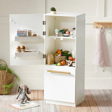 Load image into Gallery viewer, White children's refrigerator with open doors displaying various items in a room.
