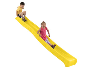 Two kids sliding down a yellow slide on a white background