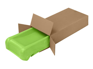 Bright green three-piece kids slide partly packed in an open cardboard box, showing it ready for assembly or outdoor play.