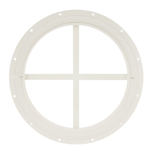 Round white window grille on a white background