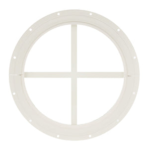 Round white window grille on a white background