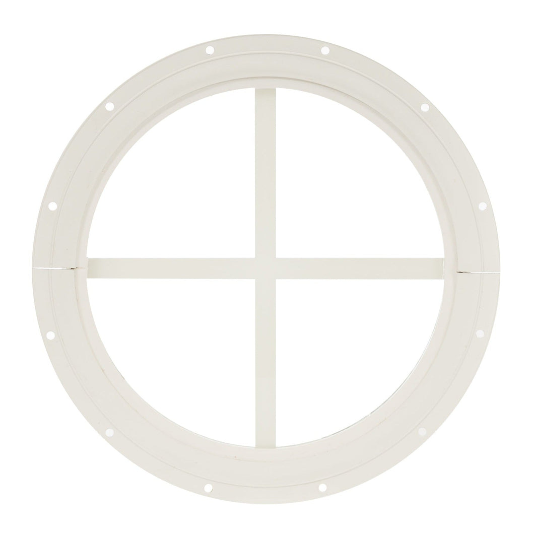 Round white window grille on a white background