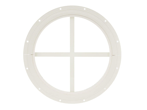 Round white window grille on a white background