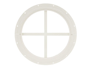 Round white window grille on a white background