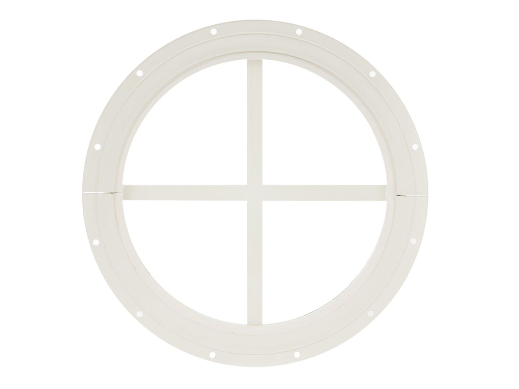 Round white window grille on a white background