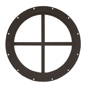Round metal window with four quadrants on a white background