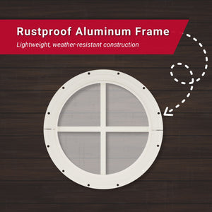 Round window with rustproof aluminum frame on a wooden background