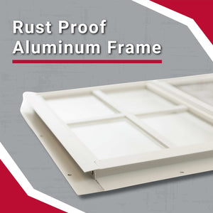 Rust proof aluminum frame on a gray background with text overlay