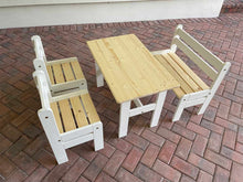 Load image into Gallery viewer, A kids&#39; wooden play furniture set including a table and two chairs with a natural wood finish and white accents on the furniture legs by WholeWoodplayhouses
