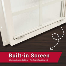 Load image into Gallery viewer, Window with a built-in screen on a wooden floor, with text indicating comfort and airflow.
