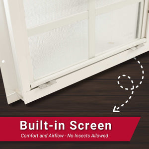 Window with a built-in screen on a wooden floor, with text indicating comfort and airflow.
