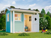 Load image into Gallery viewer, Outside of blue DIY wooden kids playhouse Little Lodge with a small porch and toys | DIY kids playhouse kits by WholeWoodPlayhouses

