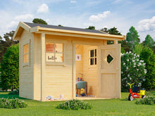 Load image into Gallery viewer, Outside of DIY wooden kids natural color playhouse Little Lodge with a small porch | DIY kids playhouse kits by WholeWoodPlayhouses
