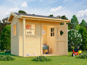 Outside of DIY wooden kids natural color playhouse Little Lodge with a small porch | DIY kids playhouse kits by WholeWoodPlayhouses