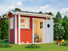 Load image into Gallery viewer, Outside of red DIY wooden kids playhouse Little Lodge with a small porch | DIY kids playhouse kits by WholeWoodPlayhouses
