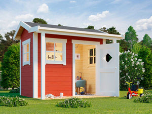 Outside of red DIY wooden kids playhouse Little Lodge with a small porch | DIY kids playhouse kits by WholeWoodPlayhouses