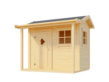 Load image into Gallery viewer, Outside of DIY wooden kids playhouse Little Lodge on a white background | DIY kids playhouse kits by WholeWoodPlayhouses
