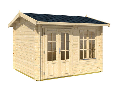 Front view of the DIY Kit 8x10 Teen Spot playhouse, highlighting its stylish double doors and large glass windows by WholeWoodPlayhouses