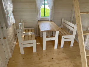 Furniture of Kids Playhouse Unicorn |one bench, two chairs and a table in kids size by WholeWoodPlayhouses
