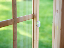 Load image into Gallery viewer, Open wooden window with safety glass, view from inside by WholeWoodPlayhouses
