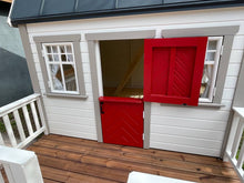 Load image into Gallery viewer, Close- up of open red wooden Dutch door, 2 safety glass windows and wooden terrace with railing by WholeWoodPlayhouses
