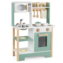 Load image into Gallery viewer, Children's wooden play kitchen set with green and beige colors on a white background
